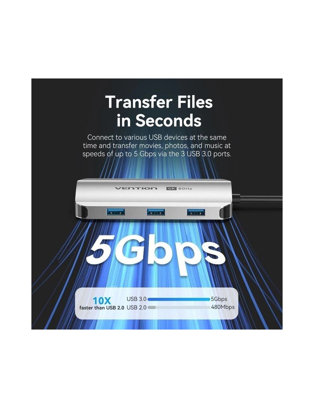Docking USB Tipo-C Vention TQDHB/ 1xHDMI 4K/ 3xUSB/ 1xUSB Tipo-C PD/ Gris