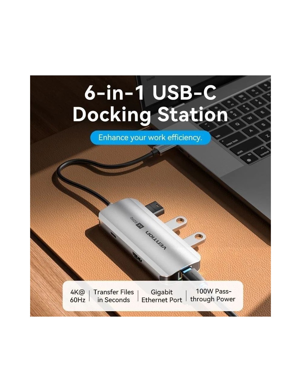 Docking USB Tipo-C Vention TQHHB/ 1xHDMI 4K/ 3xUSB/ 1xUSB Tipo-C PD/ 1xRJ45/ Gris