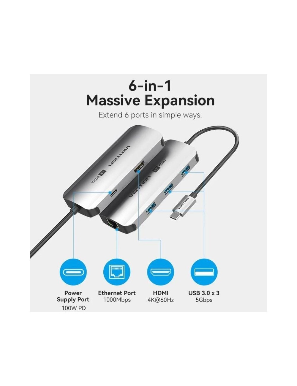 Docking USB Tipo-C Vention TQHHB/ 1xHDMI 4K/ 3xUSB/ 1xUSB Tipo-C PD/ 1xRJ45/ Gris