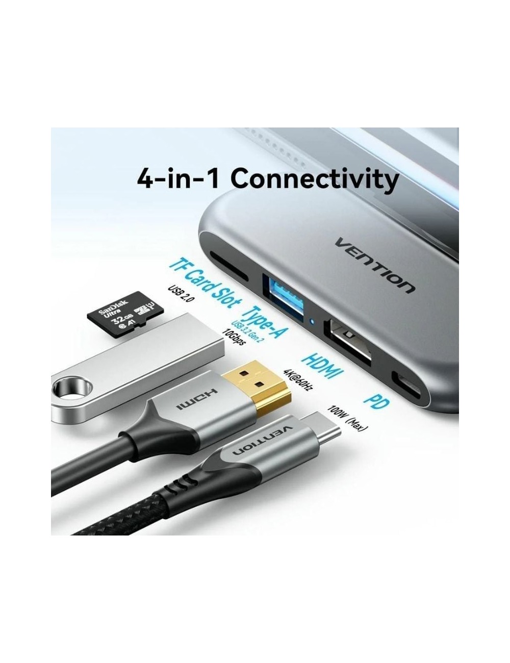 Docking Sin Cables USB Tipo-C Vention THYH0/ 1xUSB/ 1xHDMI/ 1xUSB Tipo-C PD/ 1xLector de Tarjetas/ Gris