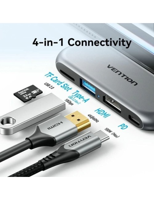 Docking Sin Cables USB Tipo-C Vention THYH0/ 1xUSB/ 1xHDMI/ 1xUSB Tipo-C PD/ 1xLector de Tarjetas/ Gris