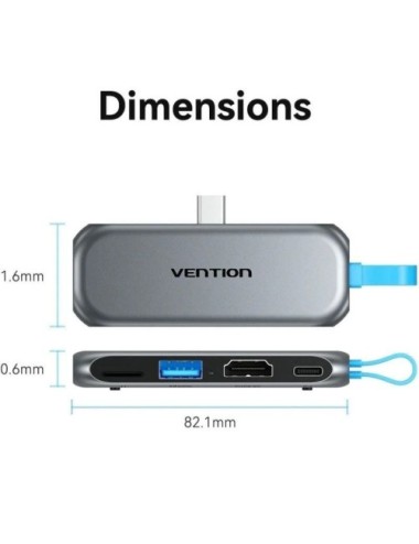 Docking Sin Cables USB Tipo-C Vention THYH0/ 1xUSB/ 1xHDMI/ 1xUSB Tipo-C PD/ 1xLector de Tarjetas/ Gris