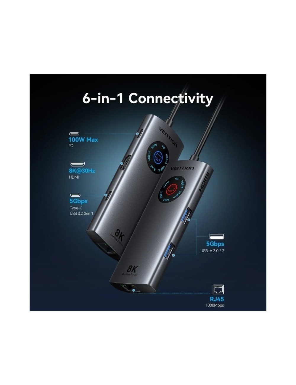 Docking USB Tipo-C Vention TQZHB/ RJ45/ 2xUSB/ 1xUSB Tipo-C/ 1xHDMI/ 1xUSB Tipo-C PD/ Gris