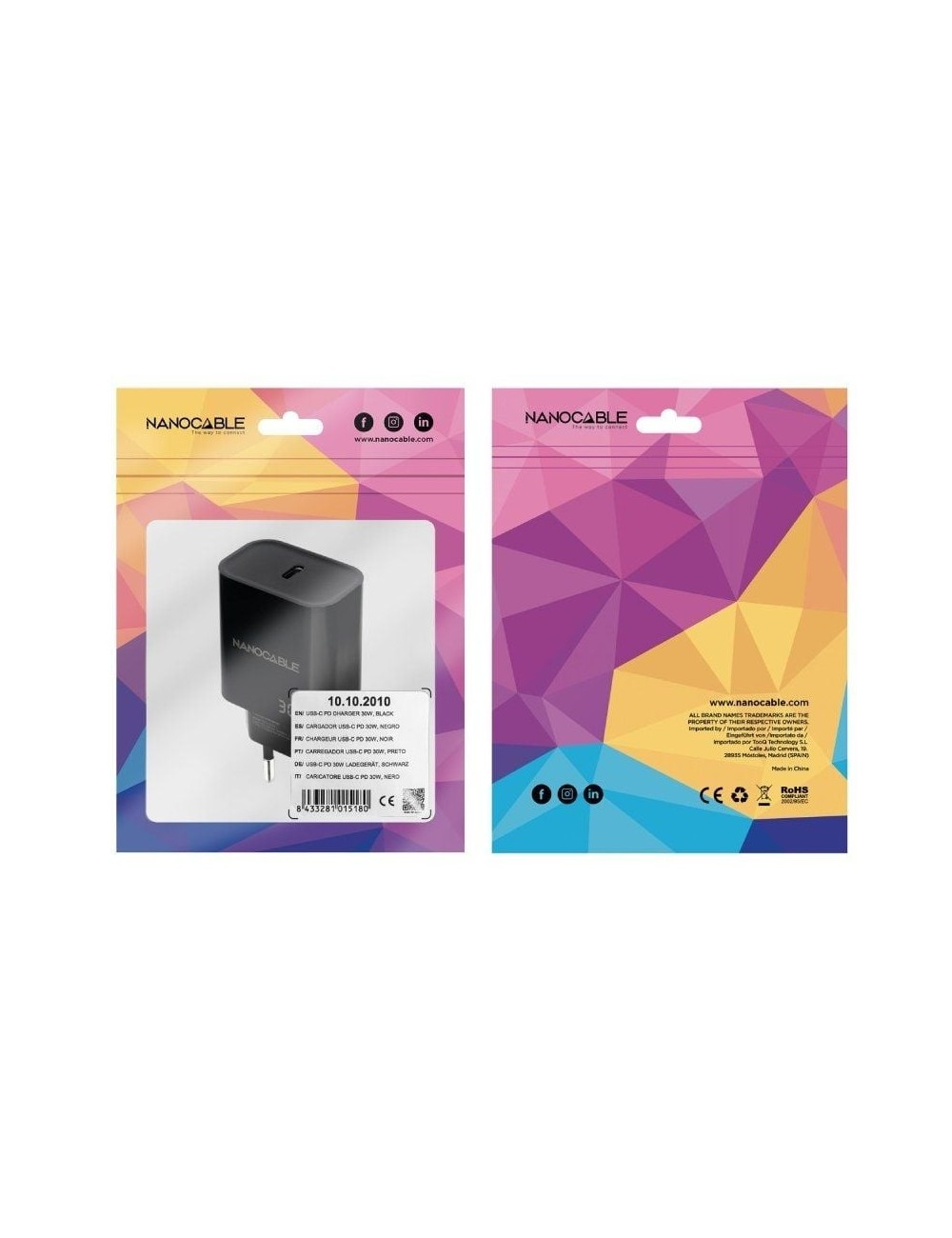 Cargador de Pared Nanocable 10.10.2010/ 1xUSB Tipo-C/ 30W/ Negro