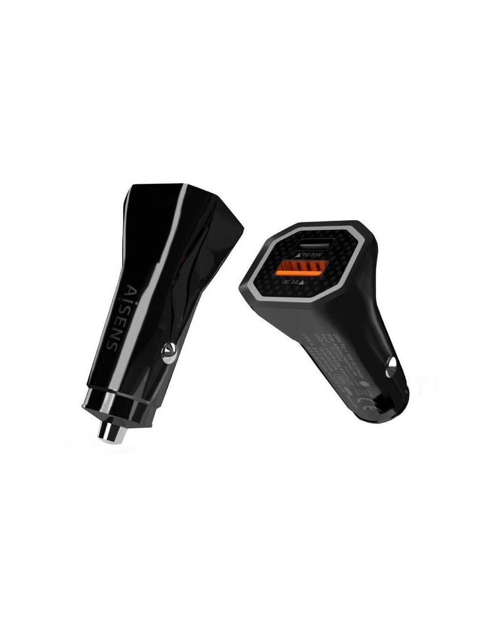 Cargador de Coche Aisens ASCH-CAR2PQC-BK/ 1xUSB-Tipo C/ 1xUSB/ 38W