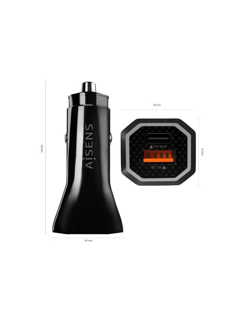 Cargador de Coche Aisens ASCH-CAR2PQC-BK/ 1xUSB-Tipo C/ 1xUSB/ 38W