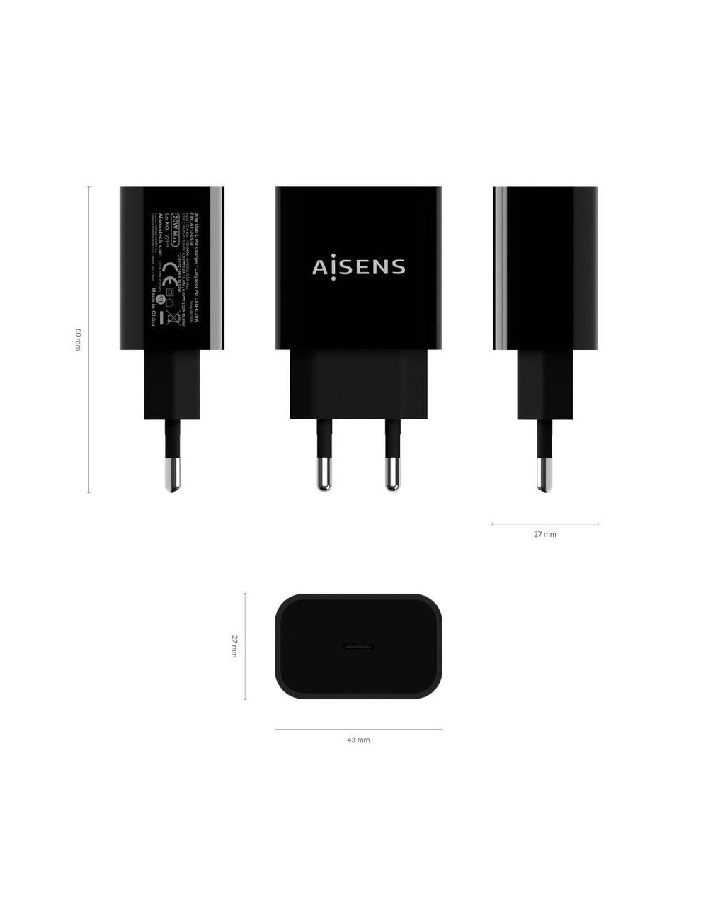 Cargador de Pared Aisens A110-0538/ 1xUSB Tipo-C PD3.0/ 20W/ Negro