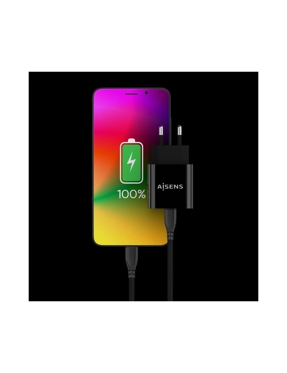 Cargador de Pared Aisens A110-0538/ 1xUSB Tipo-C PD3.0/ 20W/ Negro
