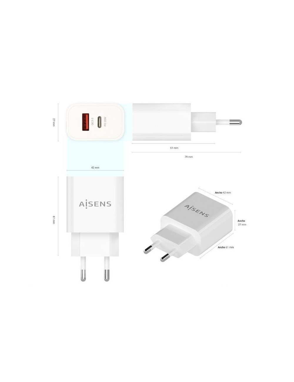 Cargador de Pared Aisens A110-0681/ 1xUSB Tipo-C/ 1xUSB/ 20W
