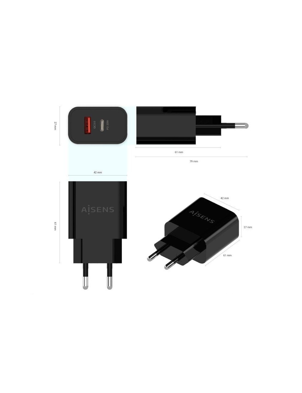 Cargador de Pared Aisens A110-0682/ 1xUSB Tipo-C/ 1x USB/ 20W