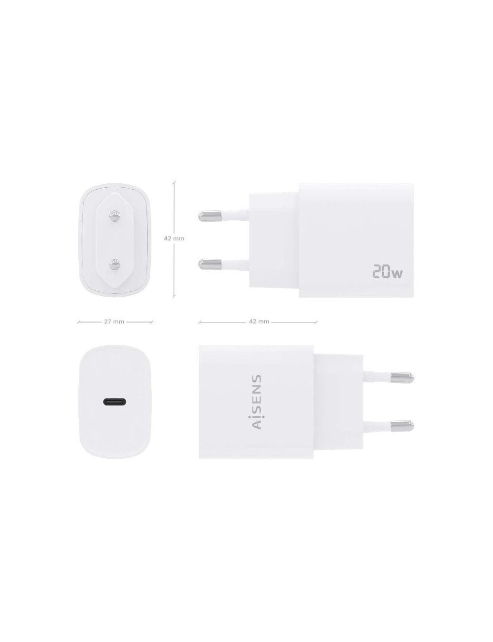 Cargador de Pared Aisens A110-0752/ 1xUSB Tipo-C/ 20W