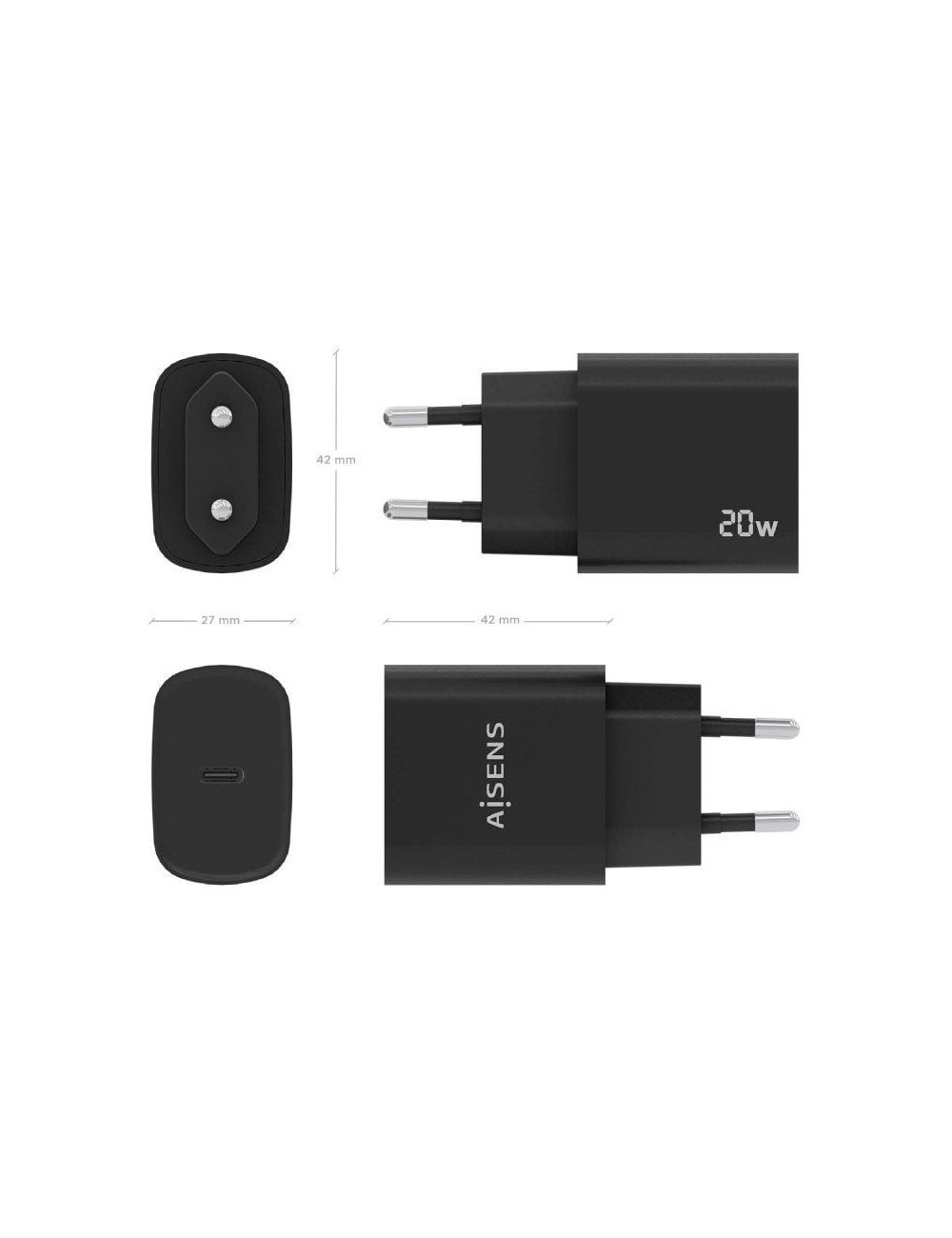 Cargador de Pared Aisens A110-0753/ 1xUSB Tipo-C/ 20W