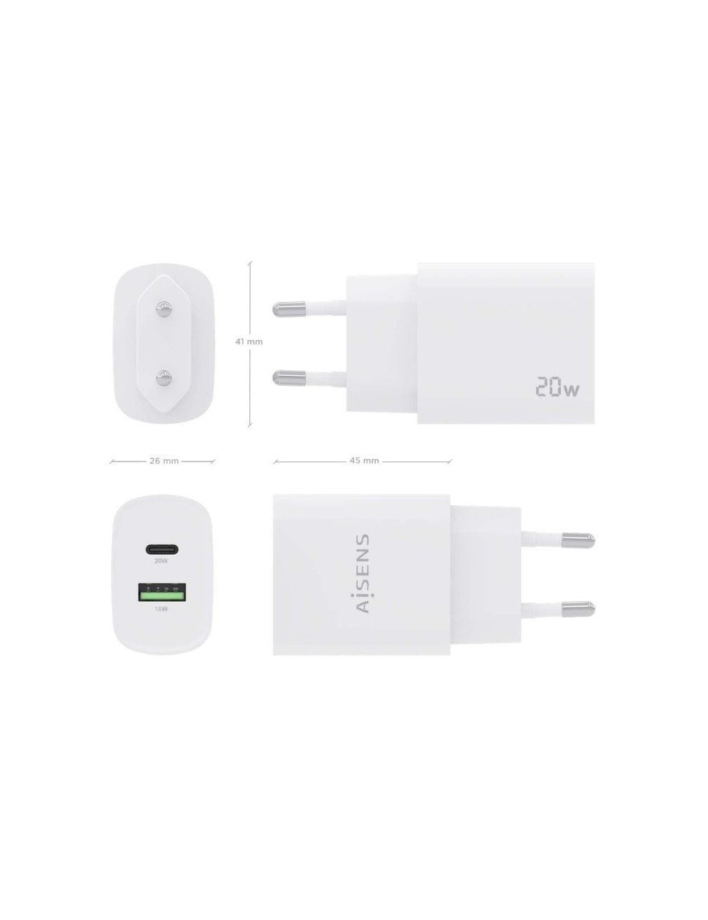 Cargador de Pared Aisens A110-0754/ 1xUSB Tipo-C/ 1xUSB/ 20W