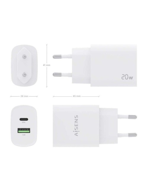 Cargador de Pared Aisens A110-0754/ 1xUSB Tipo-C/ 1xUSB/ 20W