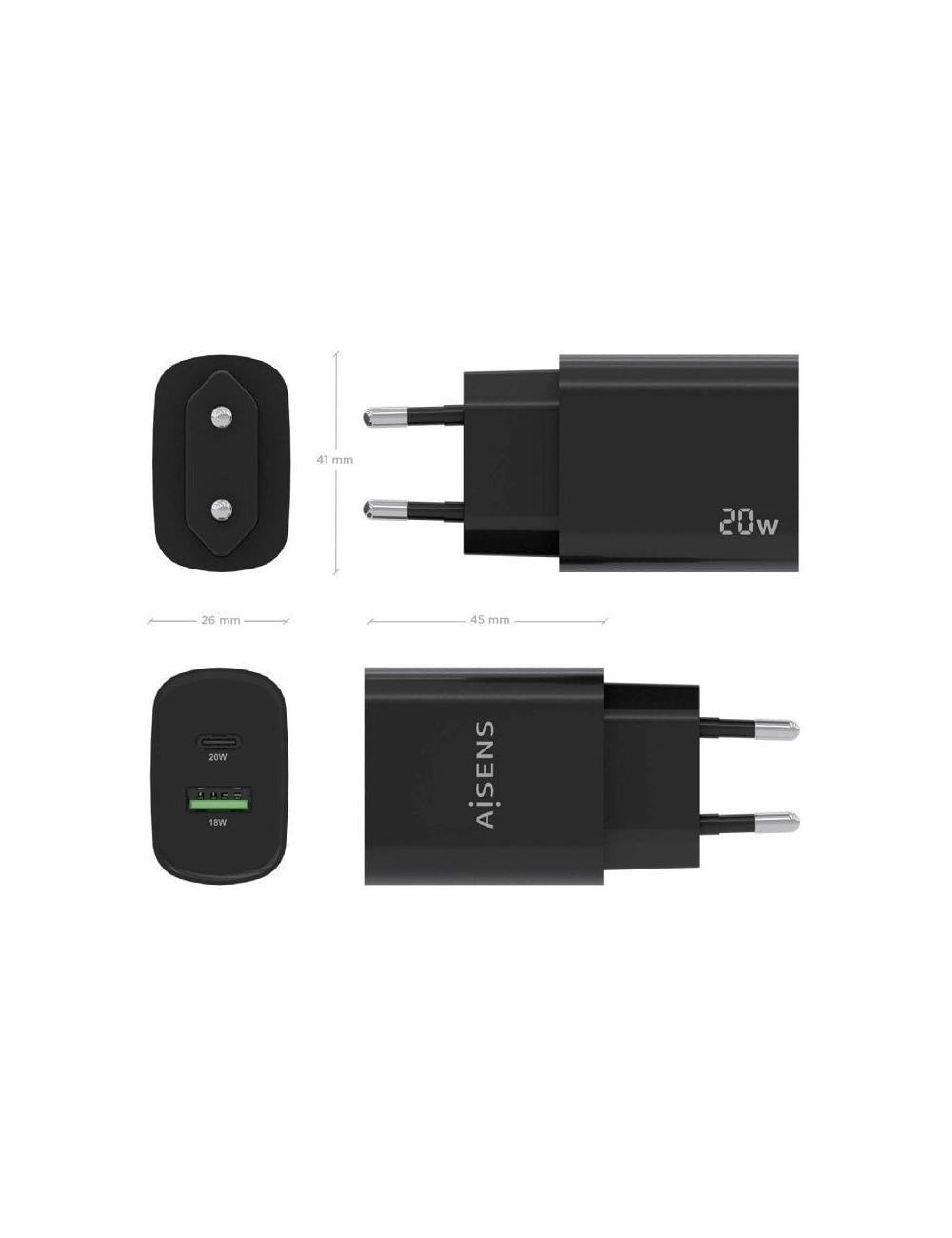 Cargador de Pared Aisens A110-0755/ 1xUSB Tipo-C/ 1xUSB/ 20W