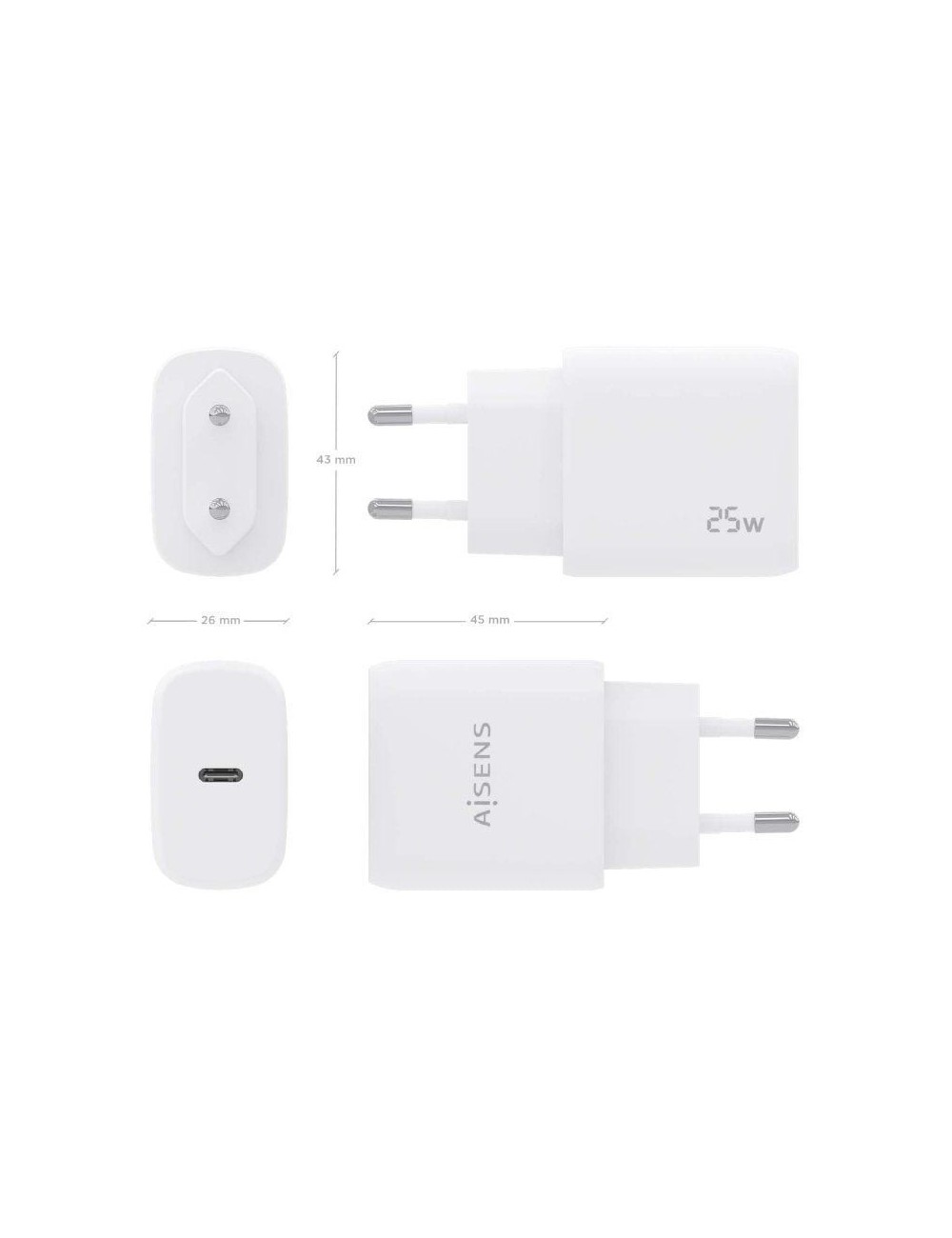Cargador de Pared Aisens A110-0756/ 1xUSB Tipo-C/ 25W