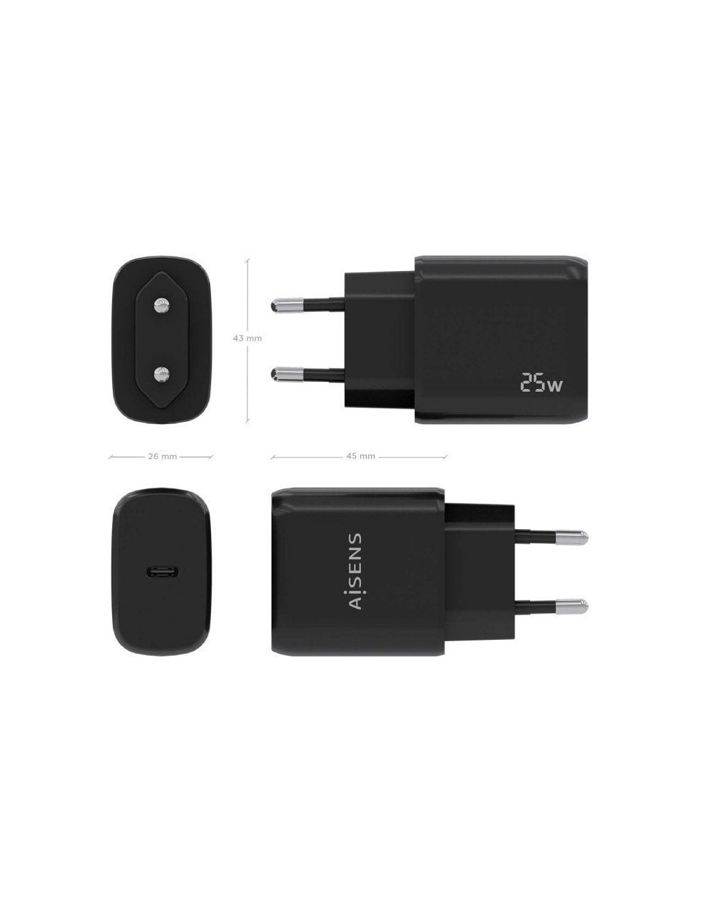Cargador de Pared Aisens A110-0757/ 1xUSB Tipo-C/ 25W