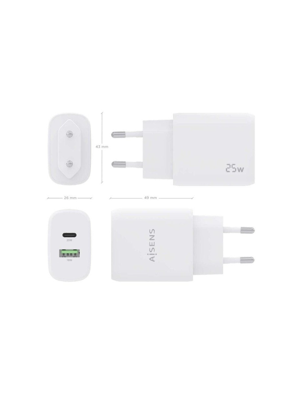 Cargador de Pared Aisens A110-0758/ 1xUSB Tipo-C/ 1xUSB/ 25W