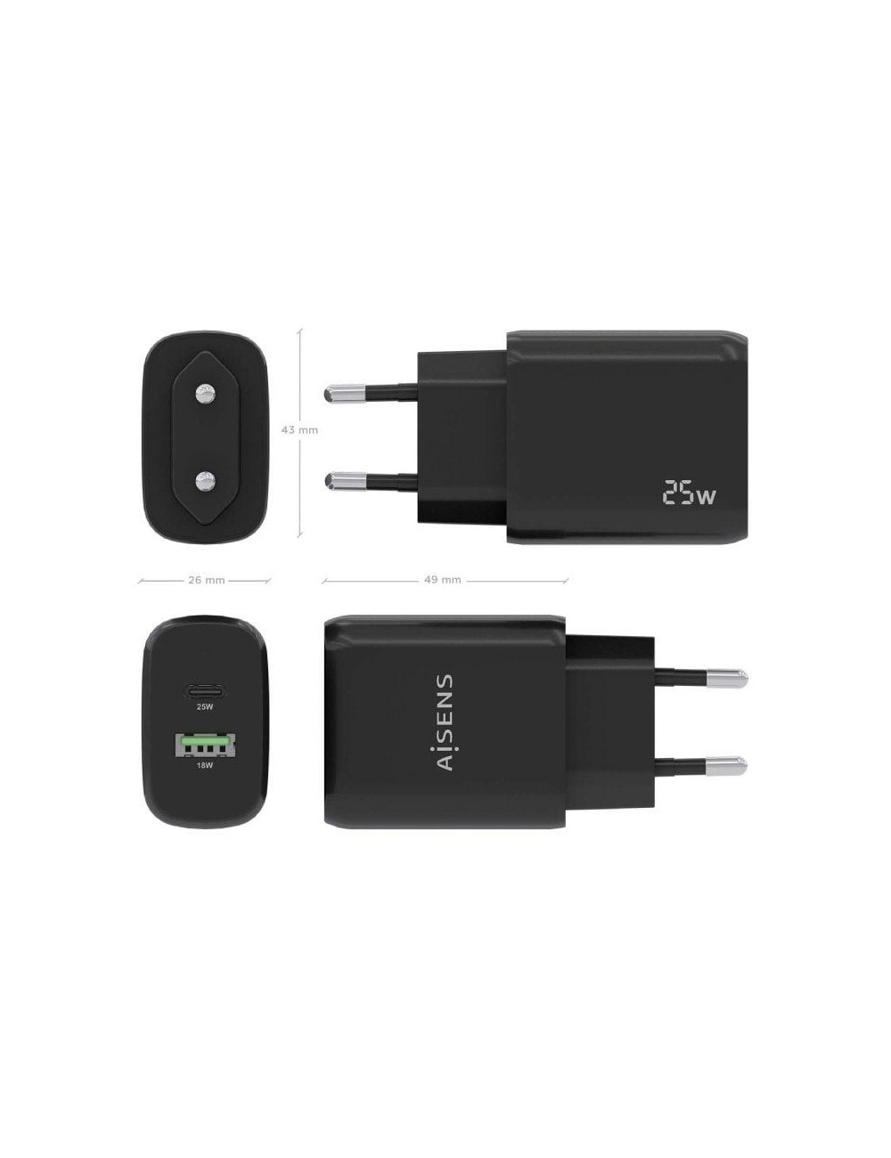 Cargador de Pared Aisens A110-0759/ 1xUSB Tipo-C/ 1xUSB/ 25W
