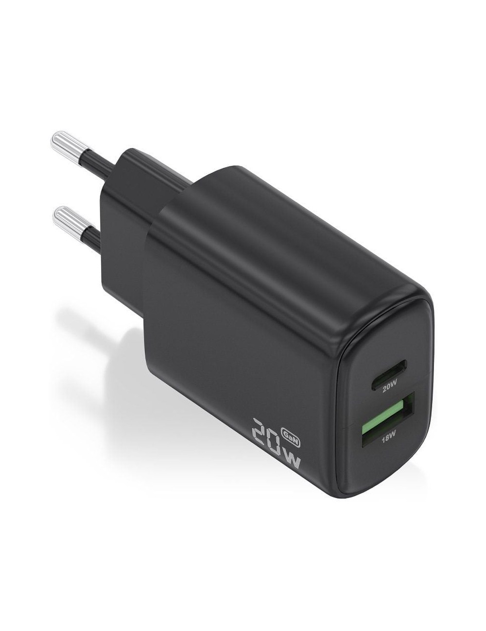 Cargador de Pared GaN Aisens A110-0910/ 1xUSB Tipo-C/ 1xUSB/ 20W/ Negro