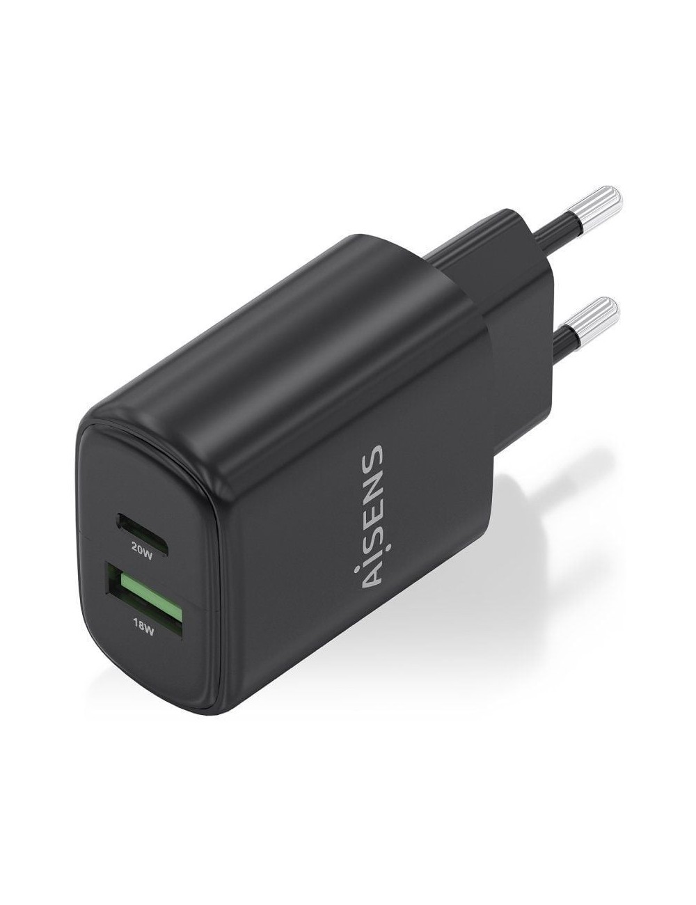 Cargador de Pared GaN Aisens A110-0910/ 1xUSB Tipo-C/ 1xUSB/ 20W/ Negro