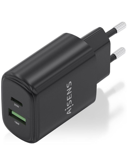 Cargador de Pared GaN Aisens A110-0910/ 1xUSB Tipo-C/ 1xUSB/ 20W/ Negro