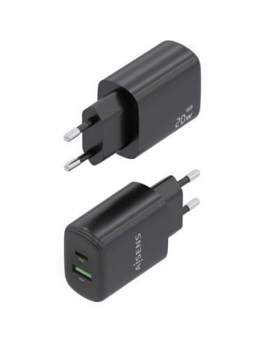 Cargador de Pared GaN Aisens A110-0910/ 1xUSB Tipo-C/ 1xUSB/ 20W/ Negro