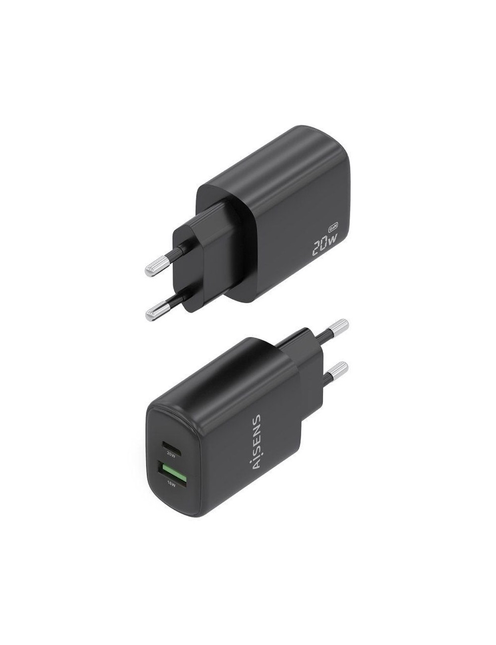 Cargador de Pared GaN Aisens A110-0910/ 1xUSB Tipo-C/ 1xUSB/ 20W/ Negro
