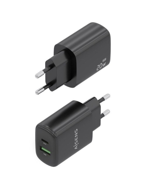 Cargador de Pared GaN Aisens A110-0910/ 1xUSB Tipo-C/ 1xUSB/ 20W/ Negro