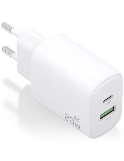 Cargador de Pared GaN Aisens A110-0909/ 1xUSB Tipo-C/ 1xUSB/ 20W/ Blanco