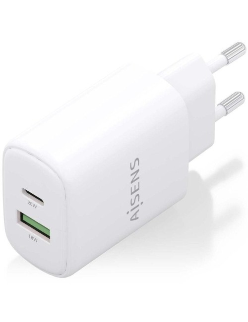 Cargador de Pared GaN Aisens A110-0909/ 1xUSB Tipo-C/ 1xUSB/ 20W/ Blanco