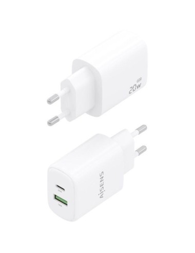Cargador de Pared GaN Aisens A110-0909/ 1xUSB Tipo-C/ 1xUSB/ 20W/ Blanco