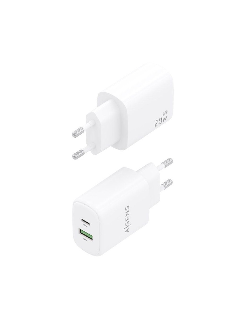 Cargador de Pared GaN Aisens A110-0909/ 1xUSB Tipo-C/ 1xUSB/ 20W/ Blanco