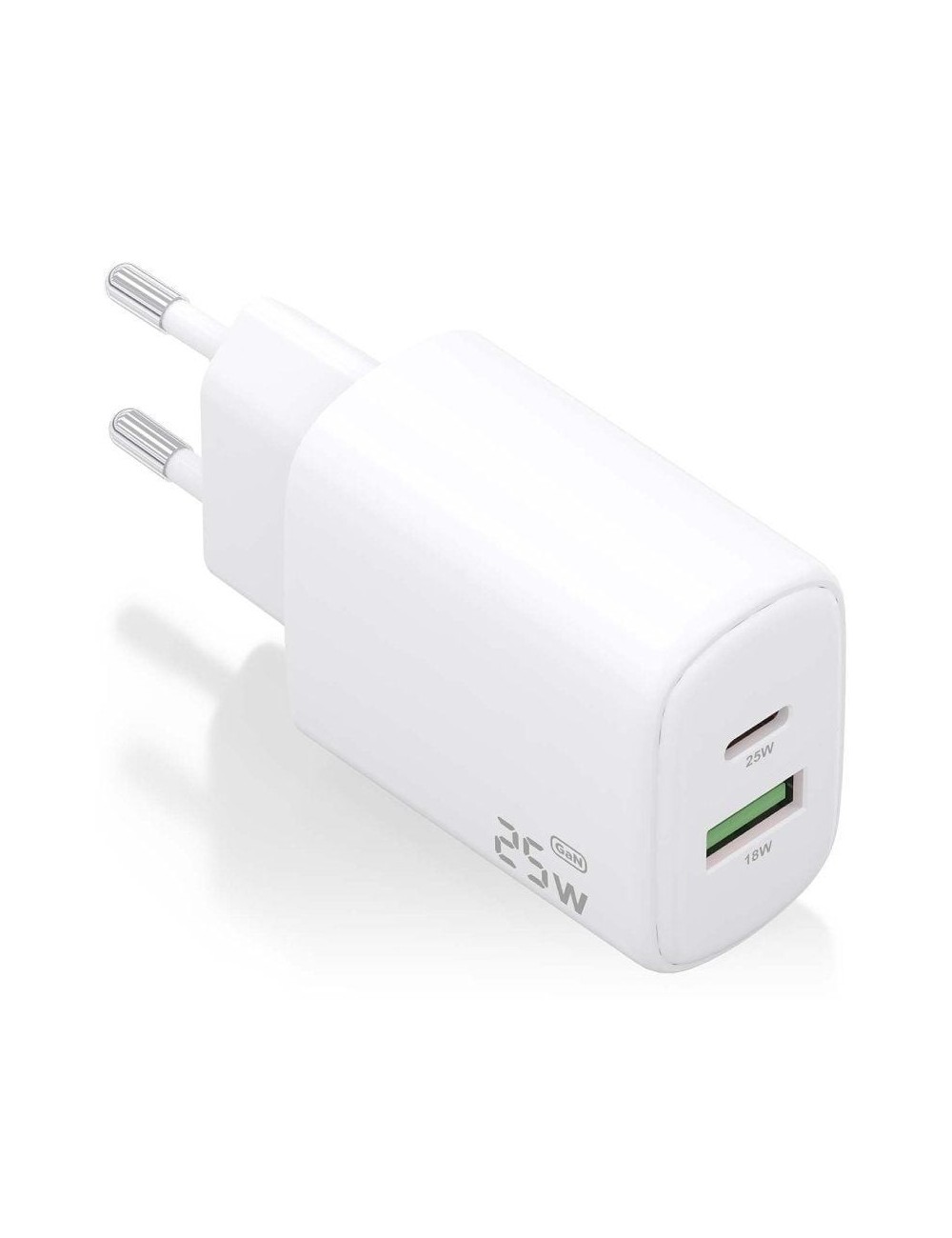 Cargador de Pared GaN Aisens A110-0911/ 1xUSB Tipo-C/ 1xUSB/ 25W/ Blanco
