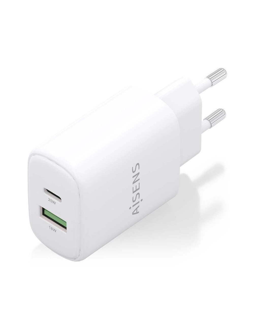 Cargador de Pared GaN Aisens A110-0911/ 1xUSB Tipo-C/ 1xUSB/ 25W/ Blanco