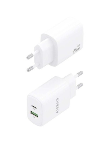 Cargador de Pared GaN Aisens A110-0911/ 1xUSB Tipo-C/ 1xUSB/ 25W/ Blanco