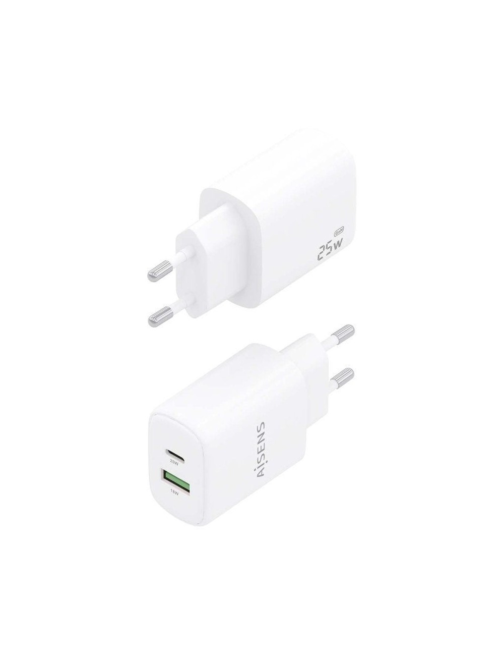 Cargador de Pared GaN Aisens A110-0911/ 1xUSB Tipo-C/ 1xUSB/ 25W/ Blanco