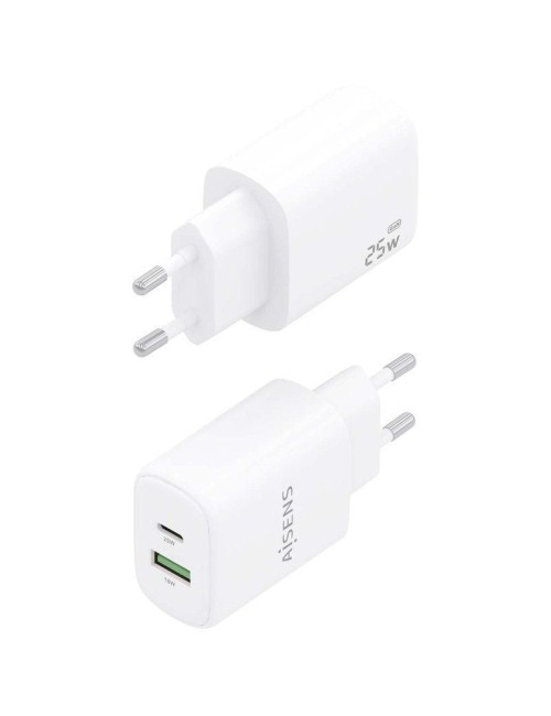 Cargador de Pared GaN Aisens A110-0911/ 1xUSB Tipo-C/ 1xUSB/ 25W/ Blanco