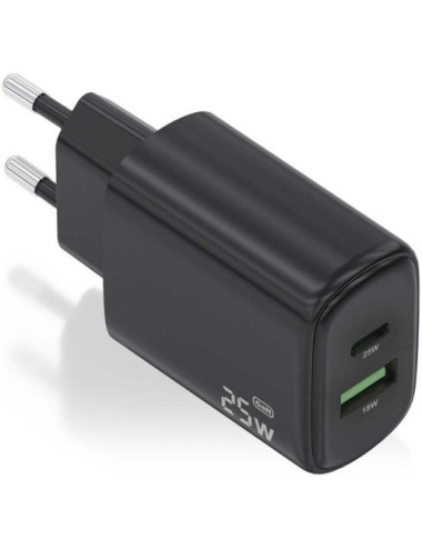 Cargador de Pared GaN Aisens A110-0912/ 1xUSB Tipo-C/ 1xUSB/ 25W/ Negro