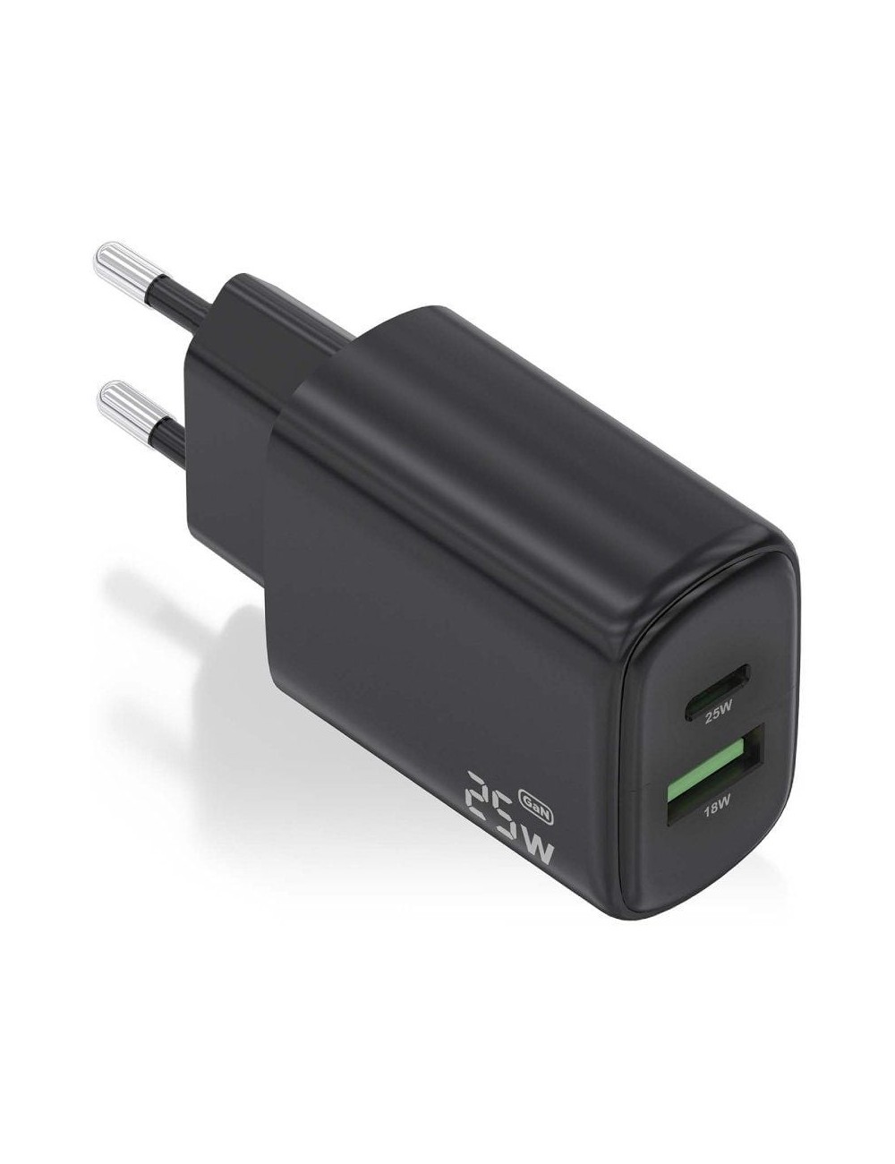 Cargador de Pared GaN Aisens A110-0912/ 1xUSB Tipo-C/ 1xUSB/ 25W/ Negro