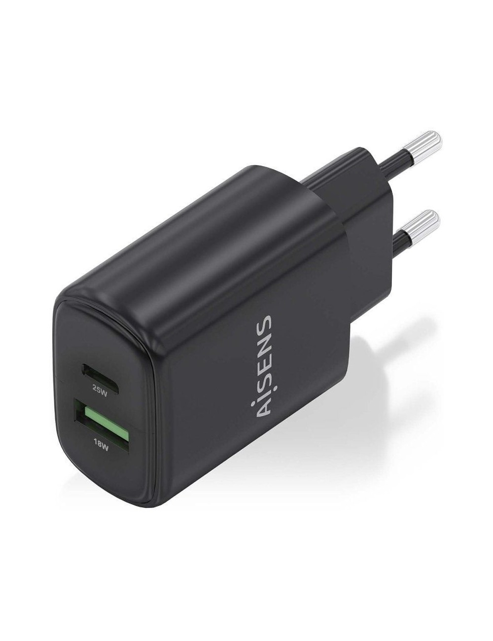 Cargador de Pared GaN Aisens A110-0912/ 1xUSB Tipo-C/ 1xUSB/ 25W/ Negro