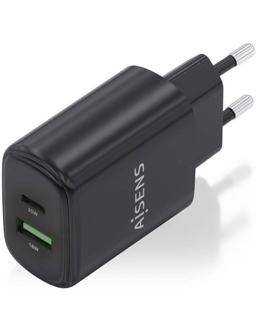 Cargador de Pared GaN Aisens A110-0912/ 1xUSB Tipo-C/ 1xUSB/ 25W/ Negro