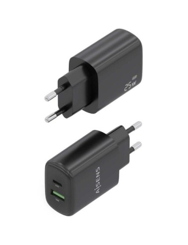 Cargador de Pared GaN Aisens A110-0912/ 1xUSB Tipo-C/ 1xUSB/ 25W/ Negro