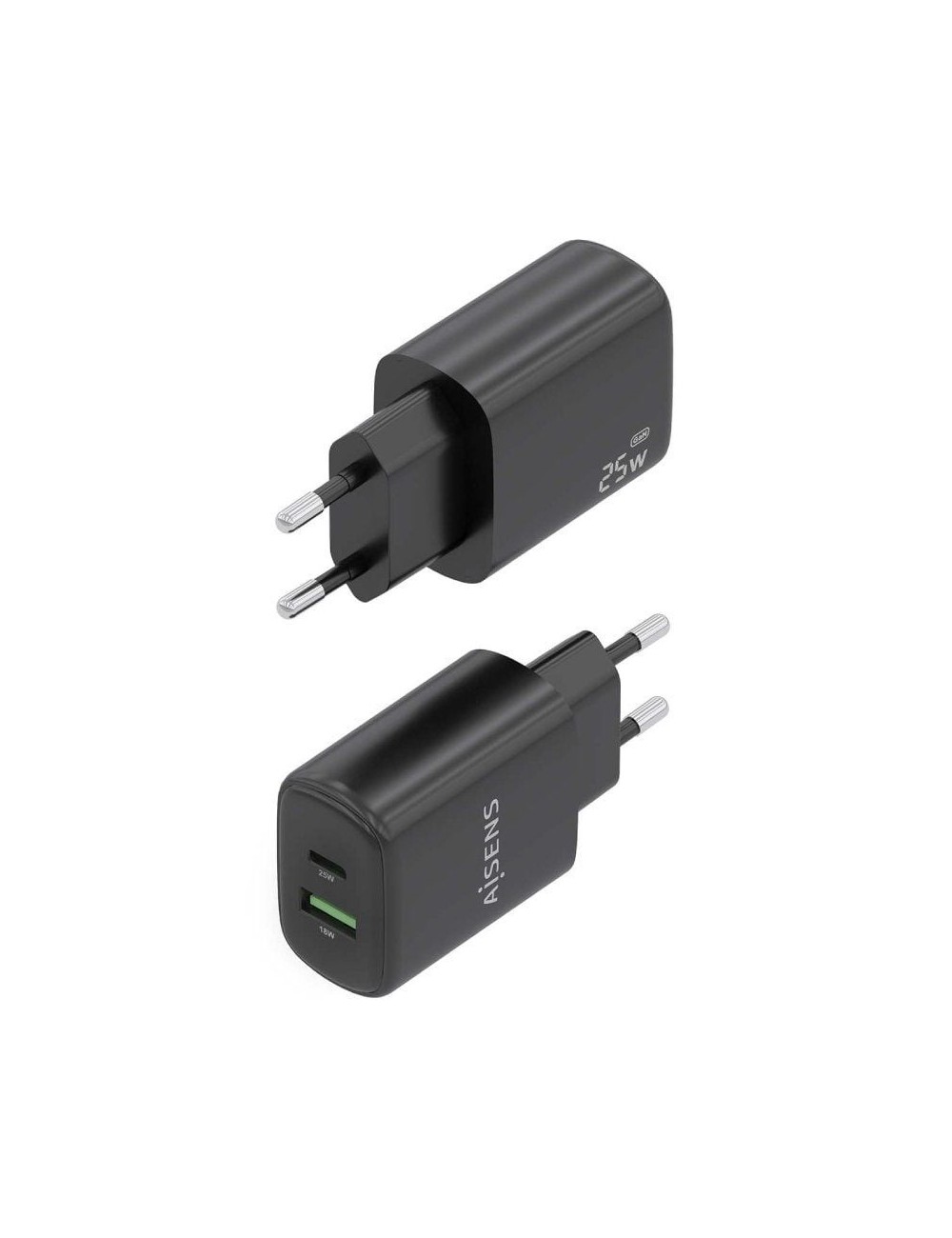 Cargador de Pared GaN Aisens A110-0912/ 1xUSB Tipo-C/ 1xUSB/ 25W/ Negro