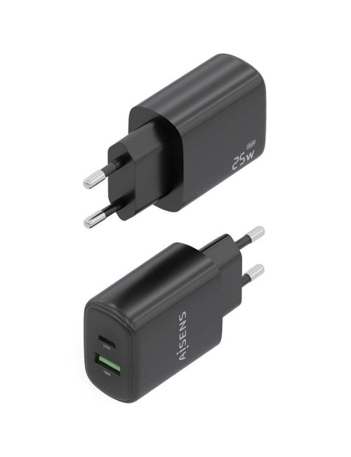 Cargador de Pared GaN Aisens A110-0912/ 1xUSB Tipo-C/ 1xUSB/ 25W/ Negro