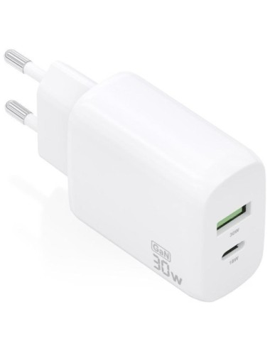 Cargador de Pared GaN Aisens A110-0923/ 1xUSB Tipo-C/ 1xUSB/ 30W/ Blanco