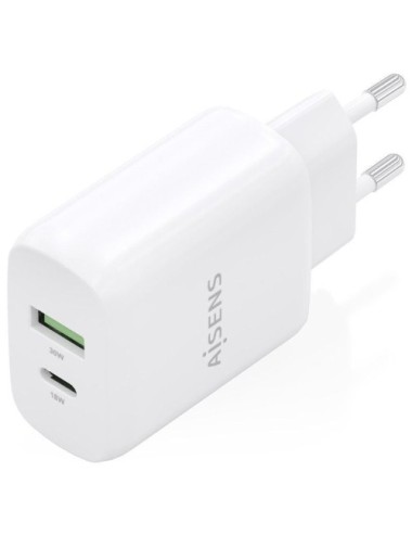 Cargador de Pared GaN Aisens A110-0923/ 1xUSB Tipo-C/ 1xUSB/ 30W/ Blanco