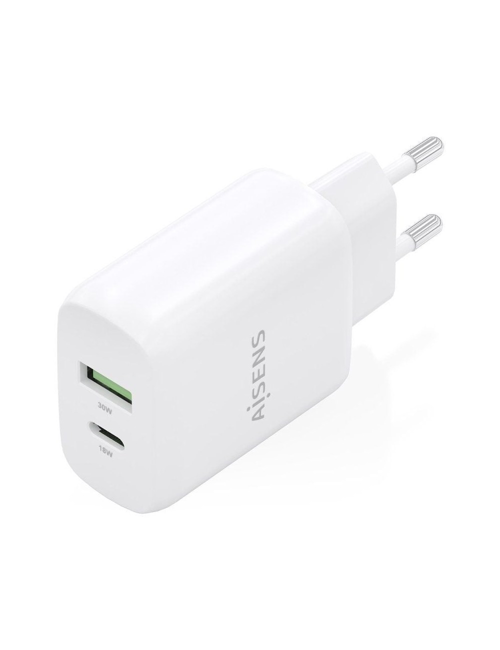 Cargador de Pared GaN Aisens A110-0923/ 1xUSB Tipo-C/ 1xUSB/ 30W/ Blanco