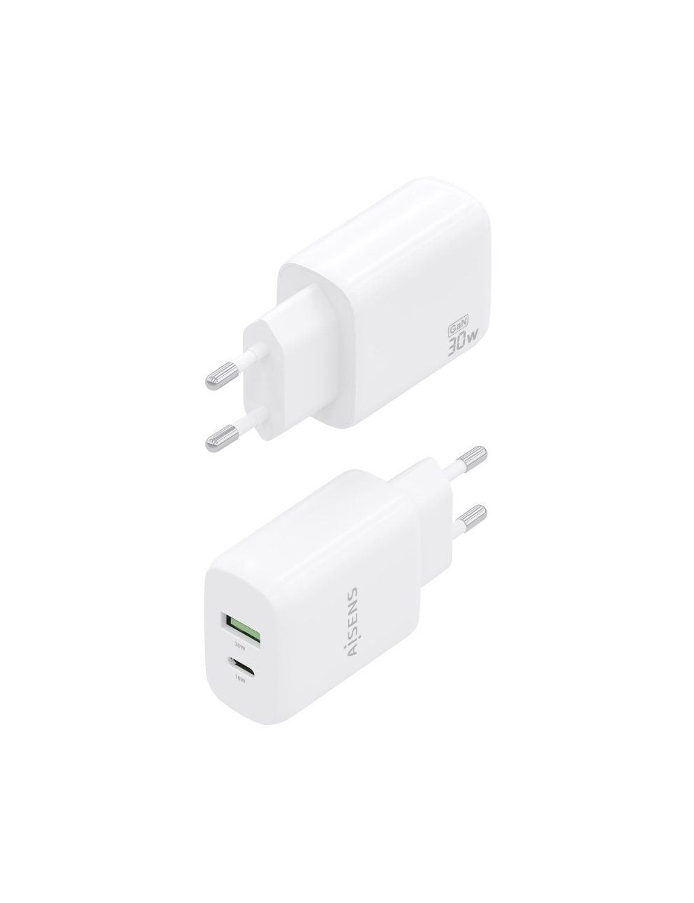 Cargador de Pared GaN Aisens A110-0923/ 1xUSB Tipo-C/ 1xUSB/ 30W/ Blanco