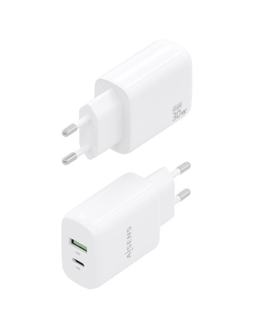 Cargador de Pared GaN Aisens A110-0923/ 1xUSB Tipo-C/ 1xUSB/ 30W/ Blanco